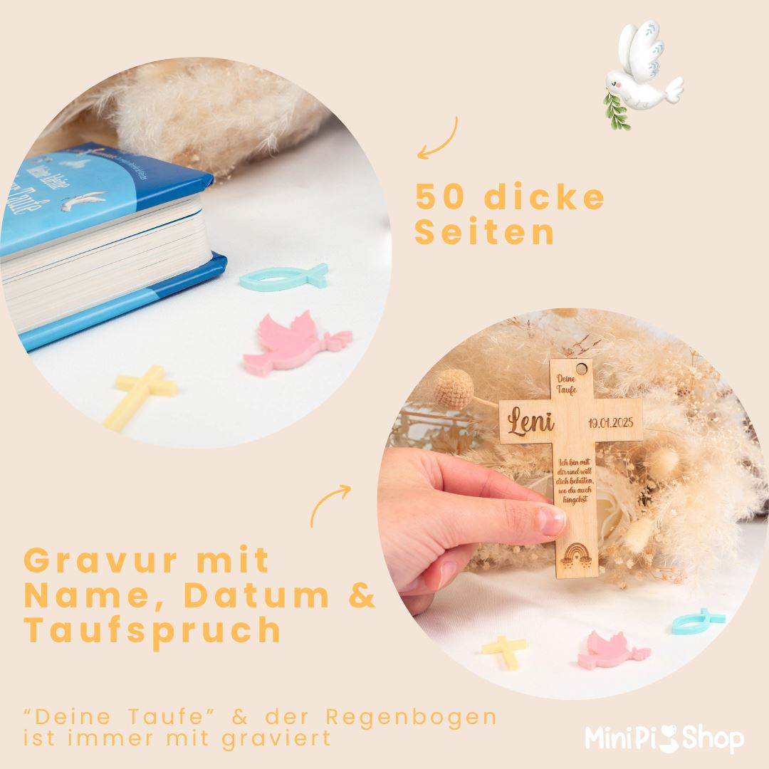 Kinderbibel personalisiert - Taufgeschenk mit Kreuz aus Holz Buch minipishop 