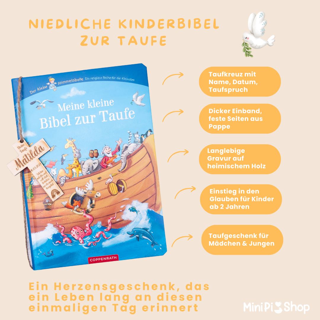 Kinderbibel personalisiert - Taufgeschenk mit Kreuz aus Holz Buch minipishop 