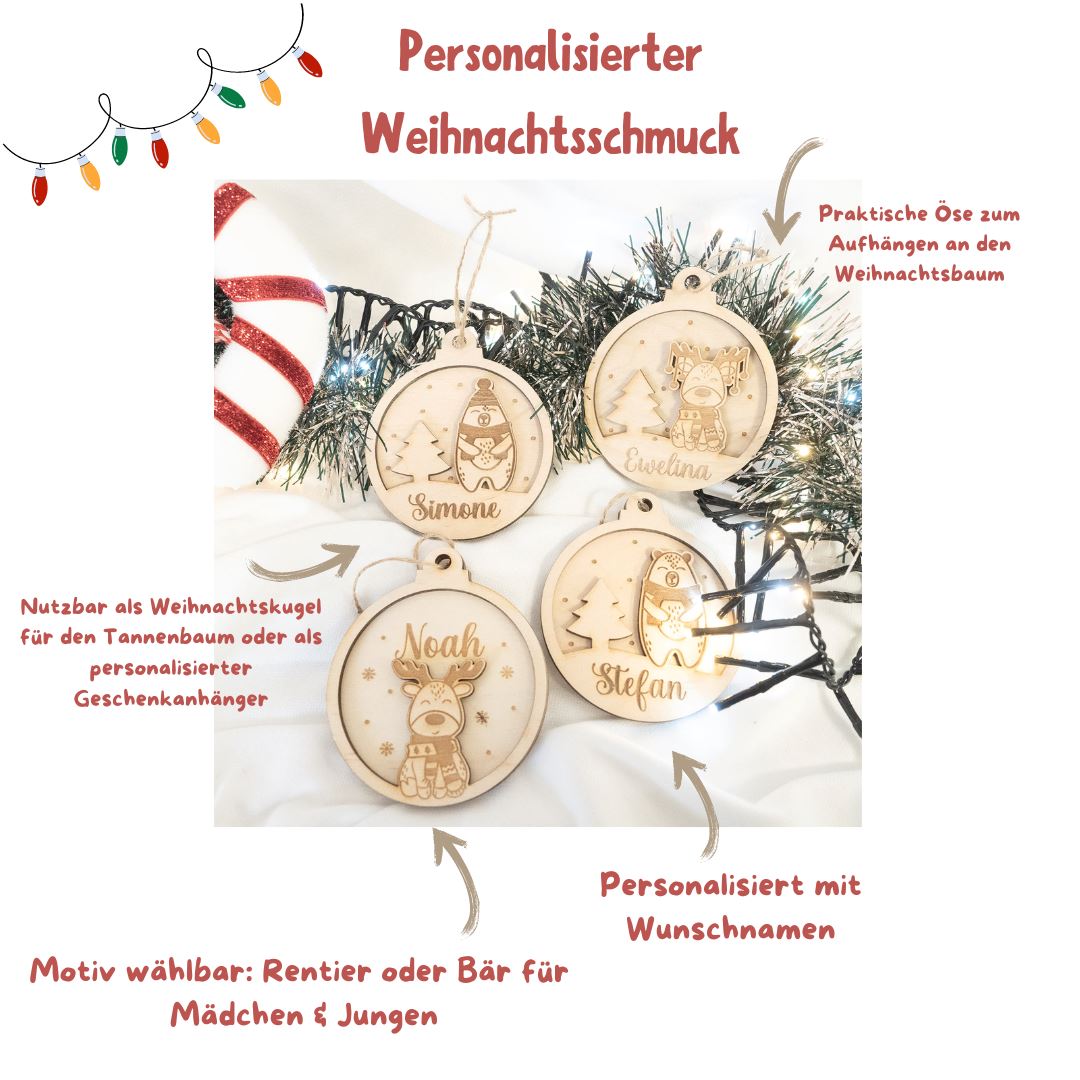 Personalisierte Weihnachtskugel und Geschenkanhänger Motiv Rentier Holzanhänger minipishop 