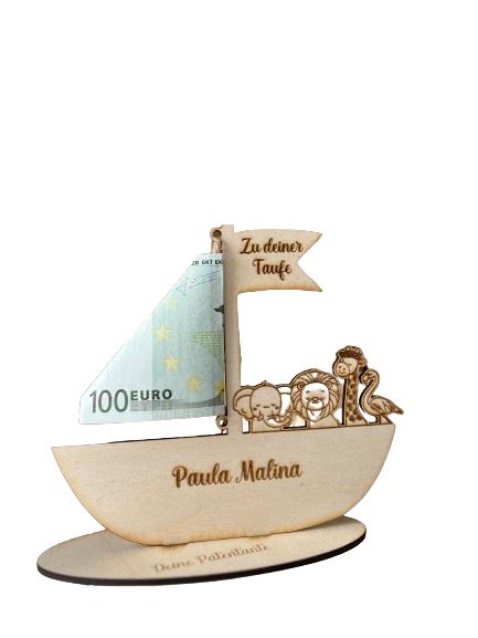 Taufgeschenk personalisiert Arche Noah als Geldgeschenk aus Holz Holzanhänger minipishop 