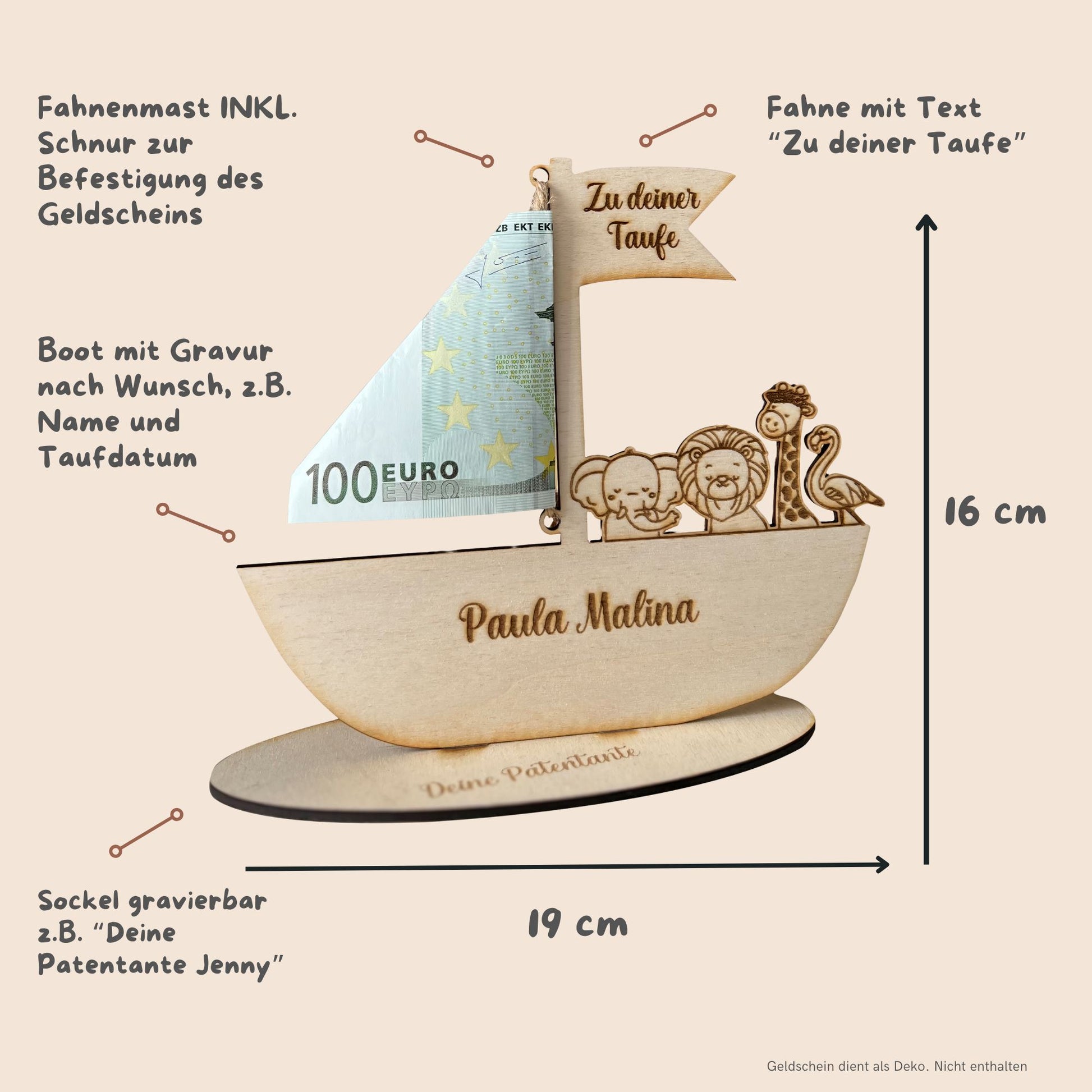 Taufgeschenk personalisiert Arche Noah als Geldgeschenk aus Holz Holzanhänger minipishop 