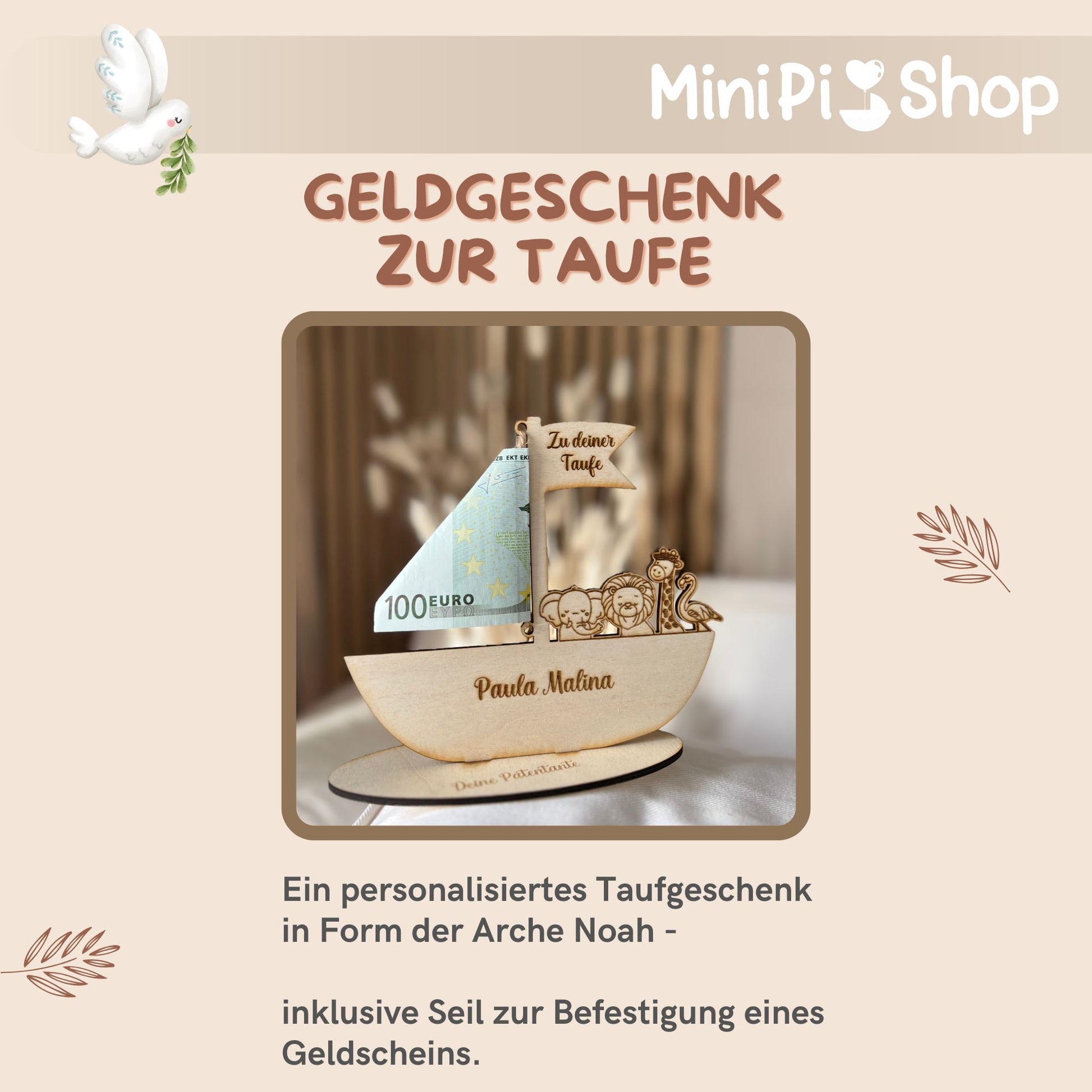 Taufgeschenk personalisiert Arche Noah als Geldgeschenk aus Holz Holzanhänger minipishop 